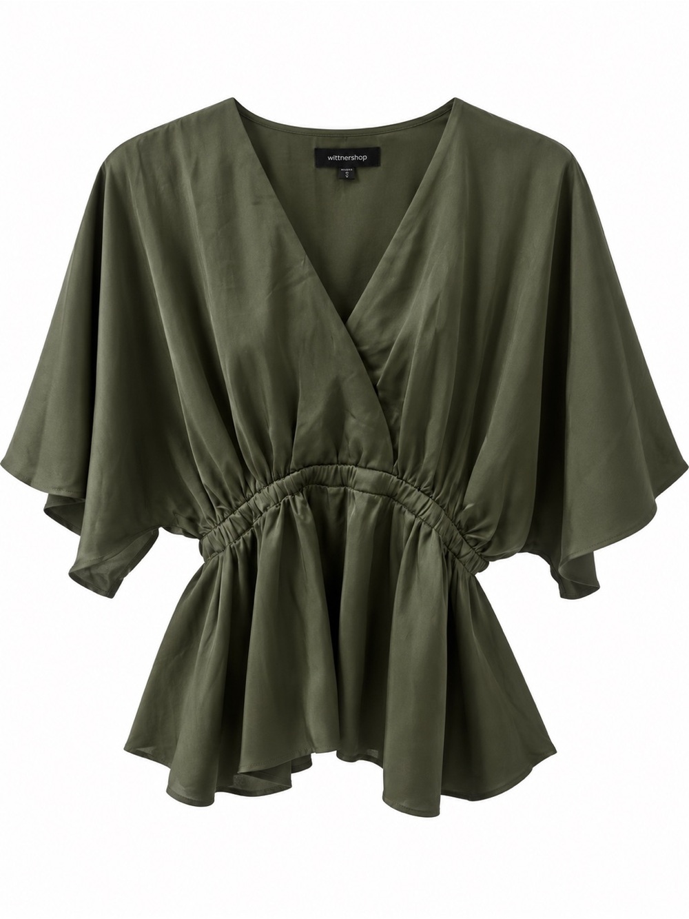 mittoshop Olive Green V-Neck Peplum Blouse with Flutter Sleeves